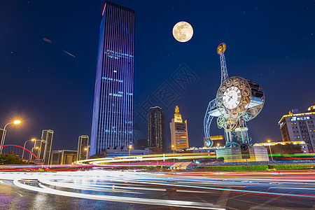 天津城市夜景中秋的天津世纪钟背景