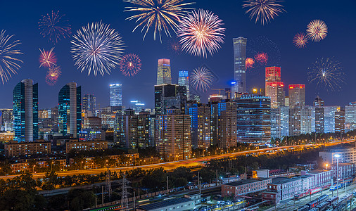 烟花手绘北京国贸庆祝国庆节背景