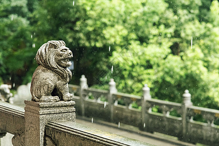 雨中灵隐寺的石狮子图片