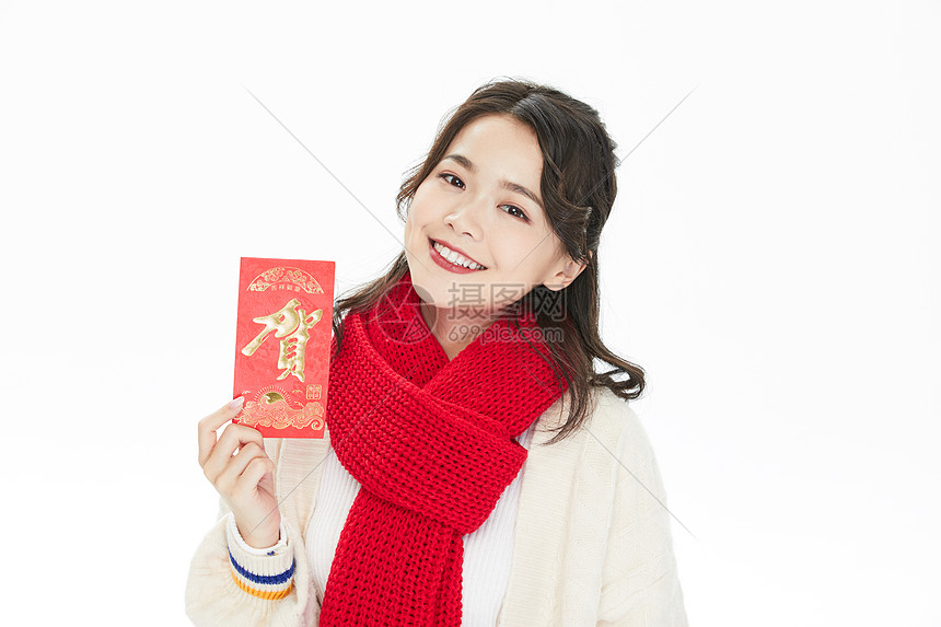 年轻美女新年拿红包图片