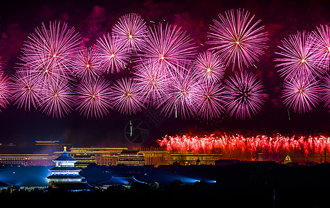 烟花夜景北京天坛放烟花举国欢庆背景