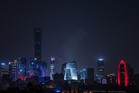 北京CBD城市的欢度国庆建筑夜景背景图片