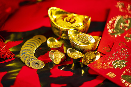 新春春节压岁钱铜钱红包静物背景图片