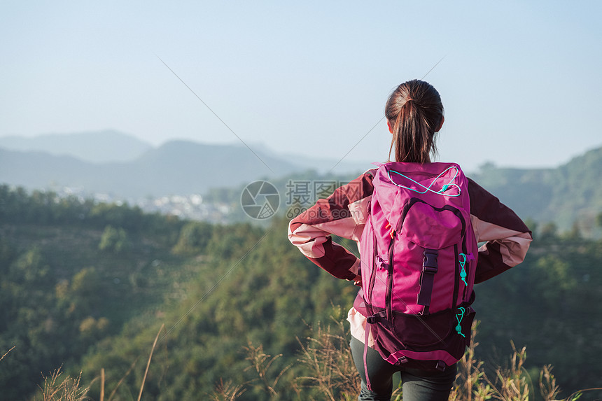 青年女性登山背影图片