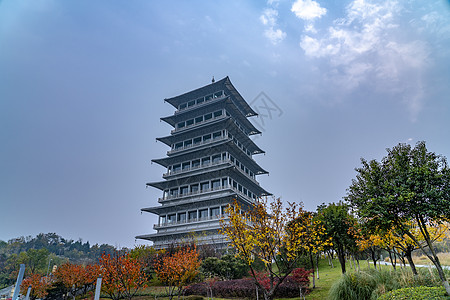 秋天落叶深秋的西安长安塔背景