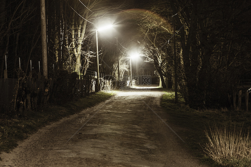 夜间的土车道和路灯图片