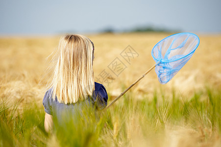在田里用蝴蝶网捕捉的女孩高清图片