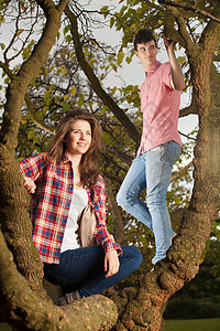 一对年轻夫妇在公园爬树图片