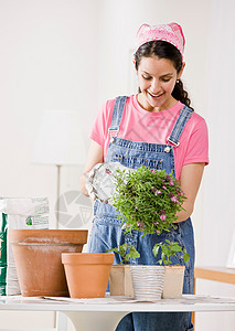 妇女在家里种植植物图片