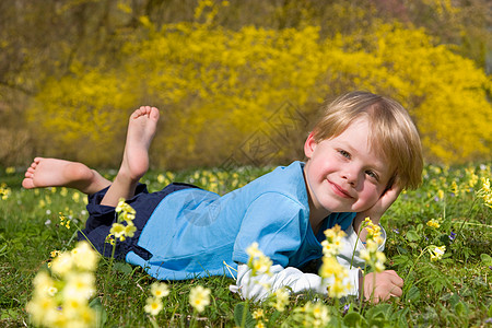 男孩躺在开满花的草地上图片
