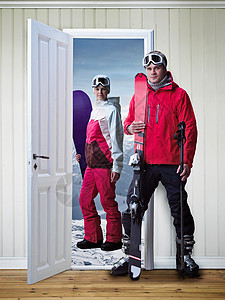 滑雪海报站在新房子里的滑雪者背景