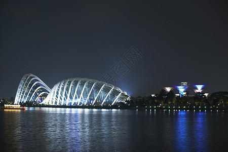 新加坡夜间海湾旁的超级树树林和花园的滨水景观图片