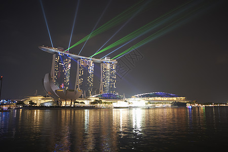新加坡金沙湾酒店聚光灯和码头夜景背景图片