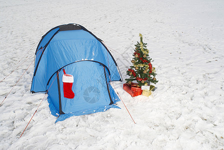 雪中的圣诞树和帐篷图片
