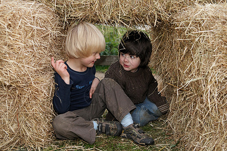 两个男孩在草堆里图片