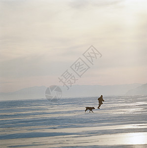 海滩上奔跑的人和狗图片