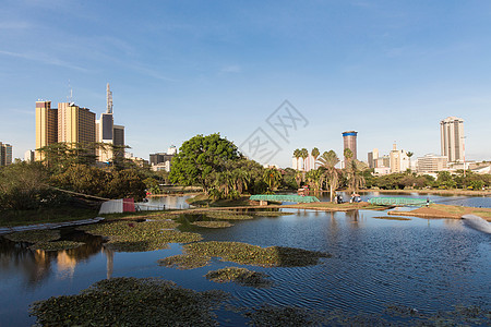 肯尼亚内罗毕天际线前湖景背景图片