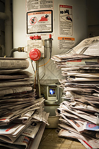 一堆堆报纸紧挨着点燃的煤气锅炉图片