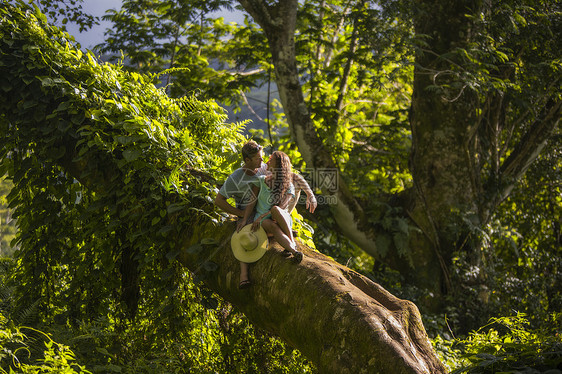 美国夏威夷，考艾岛，一对浪漫的中年夫妇在树枝上互相凝视图片