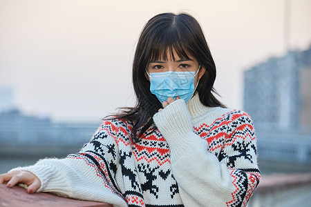 雾霾 人年轻美女戴口罩背景