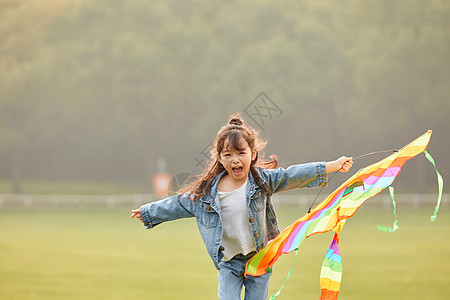 小女孩草坪上放风筝图片