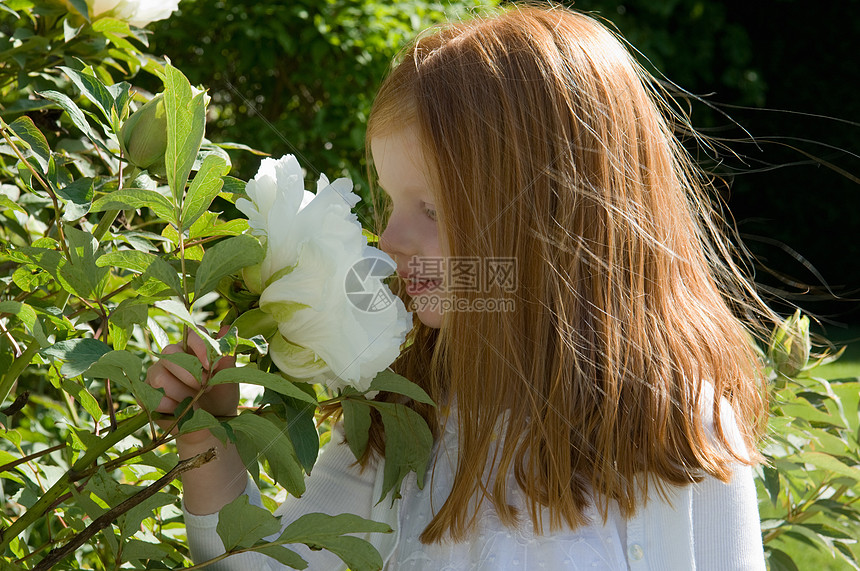 女孩在后院闻花香