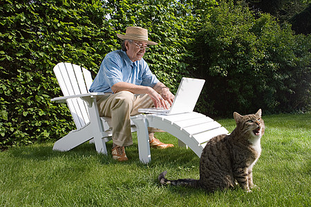 老人躺椅带着笔记本和猫的男人背景