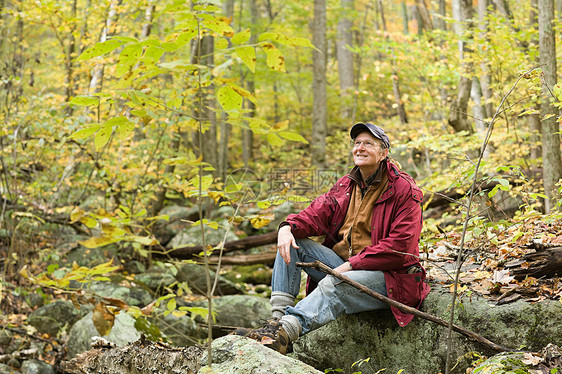 一个男人坐在森林里的一块石头上图片