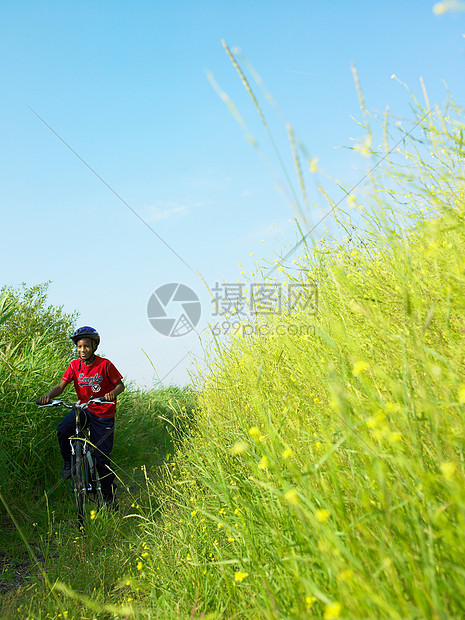 在花丛里骑自行车的男孩图片