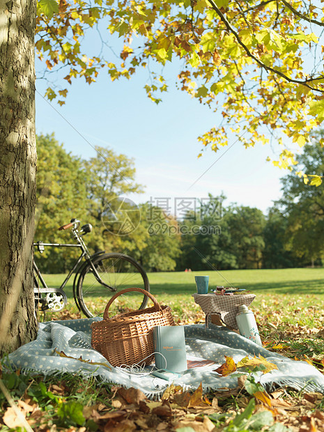 秋天在田野里野餐和骑自行车图片