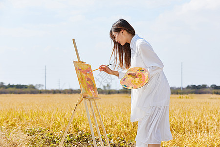 田野油画文艺清新美女户外油画写生背景