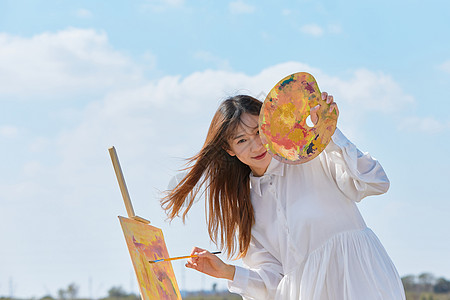 田野油画文艺清新美女户外油画写生背景