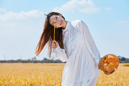 田野油画文艺清新美女户外油画写生背景