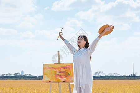 文艺美女文艺清新美女户外油画写生背景