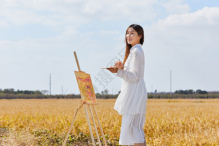 田野油画文艺清新美女户外写生背景