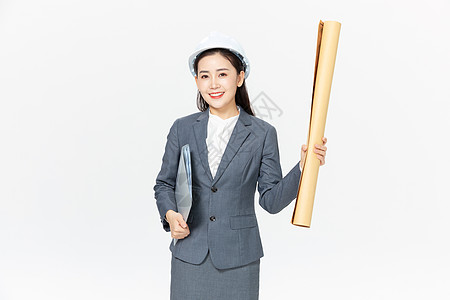 拿着木棍女人女性建筑工程师拿图纸背景