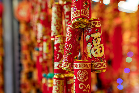 春节挂饰年货市场红鞭炮挂饰新年装饰背景