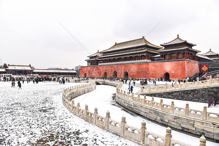 北京故宫博物院城门护城河雪景图片