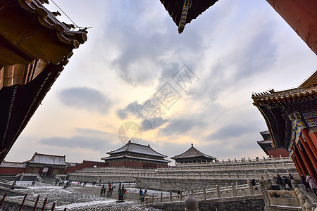 古代园林雪景北京故宫博物院的冬日风光背景