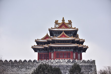 雪庭院故宫紫禁城角楼城的雪景背景