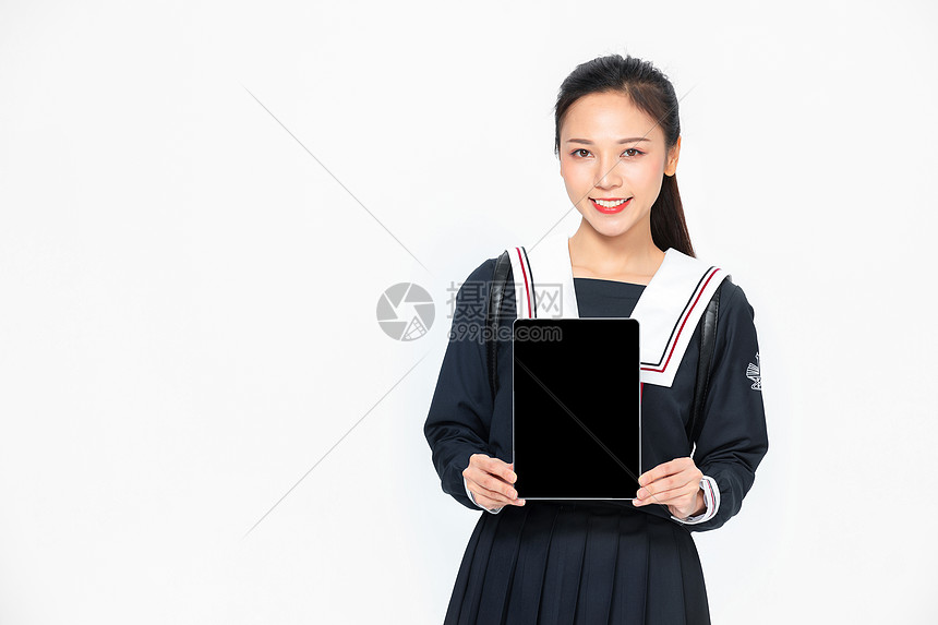 学院风大学生JK服美女拿平板图片