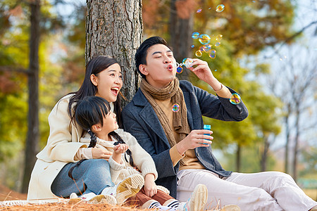 女孩在玩耍一家三口在公园吹泡泡背景