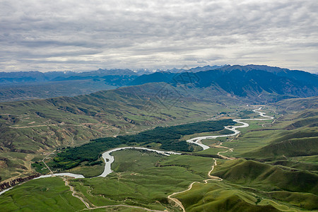 绿色公路航拍新疆山野盘山公路背景