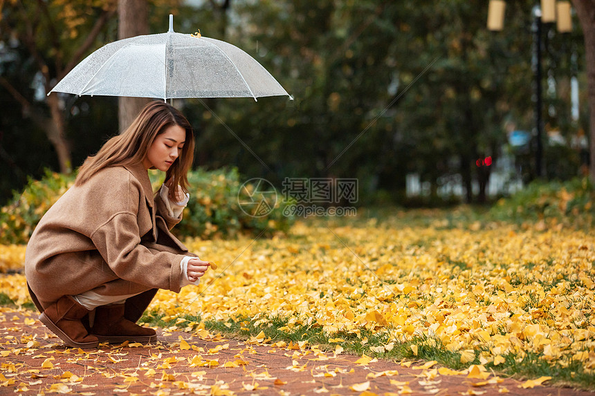 秋季雨天美女撑伞拾银杏叶