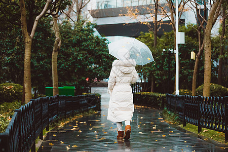 冬季雨天女性撑伞背影背景图片