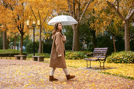 秋季雨天美女银杏落叶撑伞背景图片