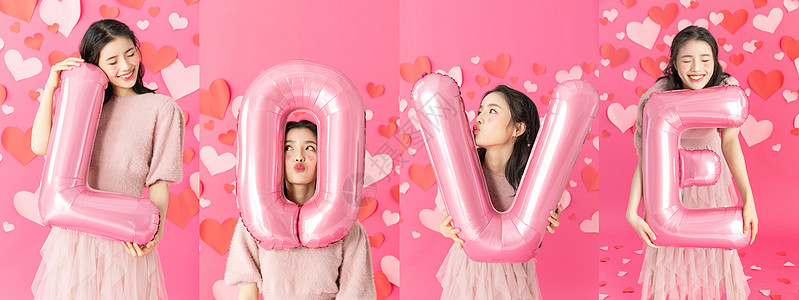 情人节粉色气球抱气球的情人节美女拼图背景