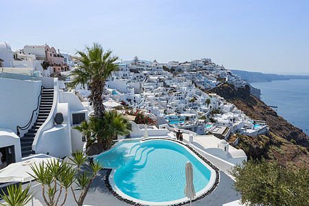 希腊城堡希腊著名海岛圣托里尼海岛度假酒店游泳池背景