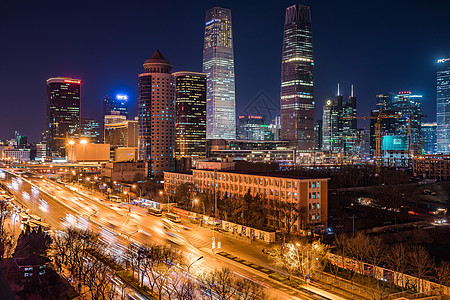白天和夜晚北京国贸CBD晚高峰背景