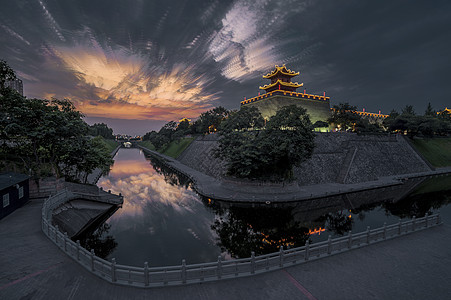 水边建筑西安护城河背景